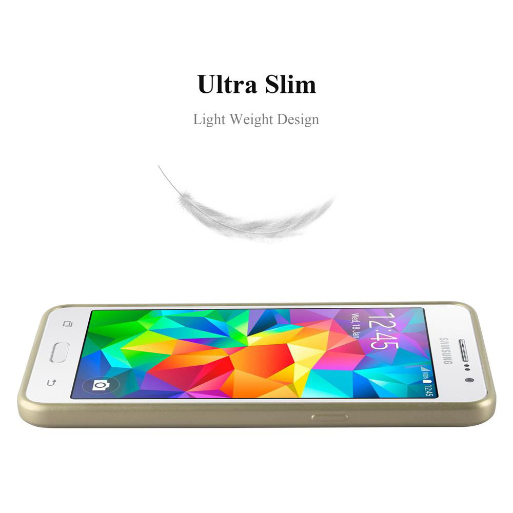 Una funda dorada para teléfono con un teléfono dentro. 'Ultra Slim' y un gráfico de pluma arriba.