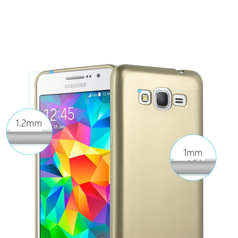 Funda dorada con smartphone. Detalles muestran protección de pantalla y cámara.