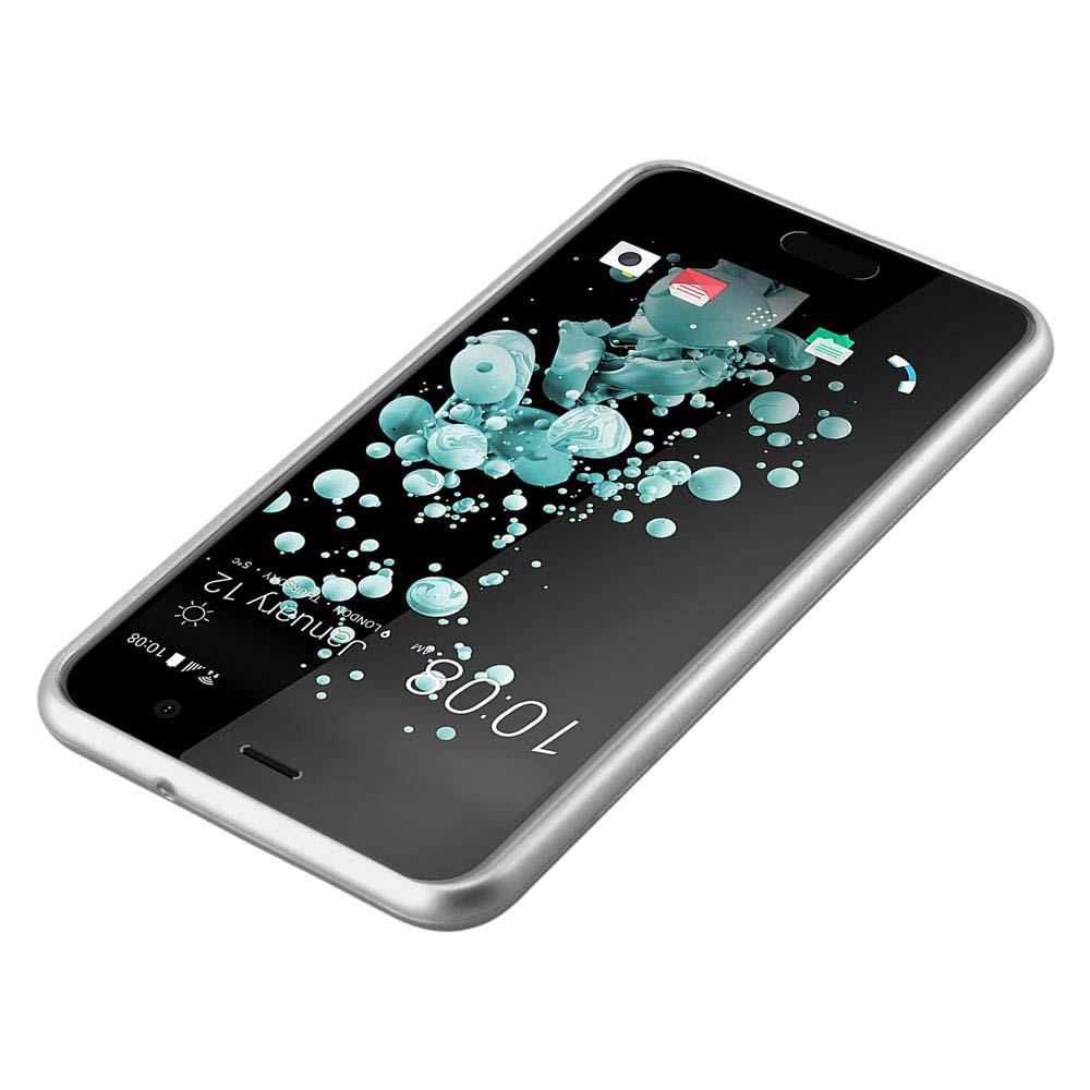 Silbernes Telefon zeigt einen Bildschirm mit Symbolen und Uhrzeit. Es ist auf weißem Hintergrund.