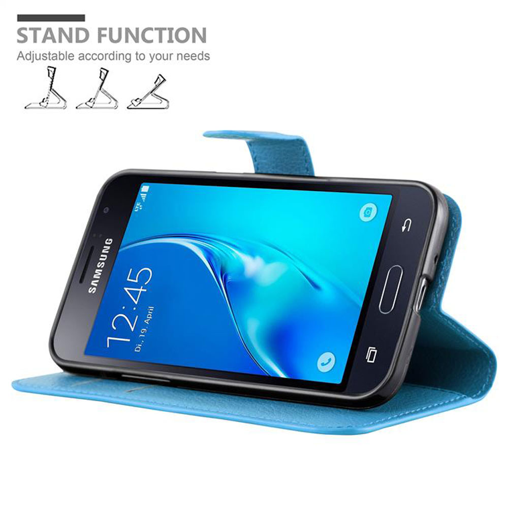 Blaue Handyhülle mit Telefon, aufgestellt. Ständerfunktion sichtbar.