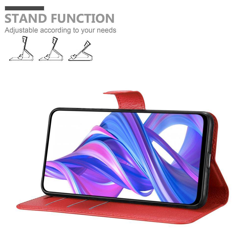 Eine rote Handyhülle mit einem Telefon im Querformat. Die Standfunktion wird auf drei Arten demonstriert.