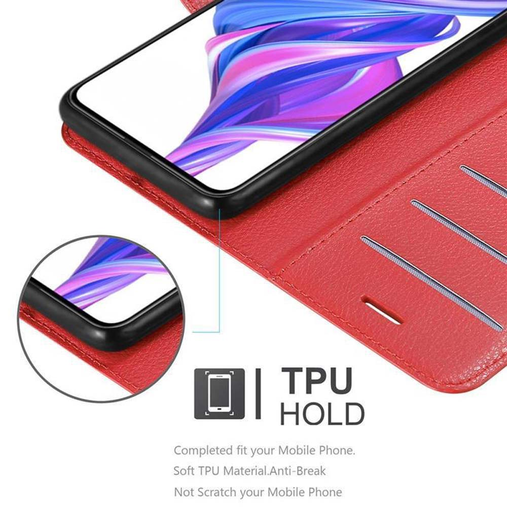Rote Leder-Handyhülle, offen, mit Telefon darin. Text: TPU-Halterung. Weiches TPU-Material. Bruchsicher.