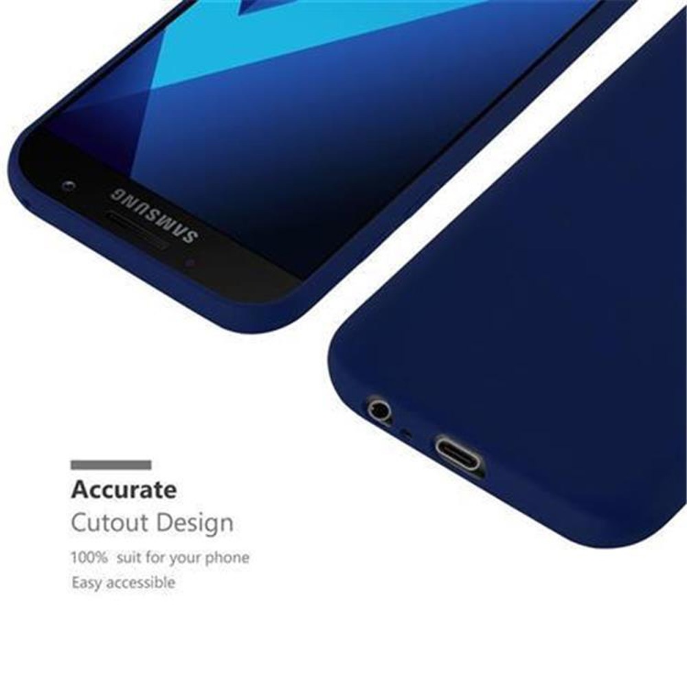 Custodia blu con il telefono sullo schermo.