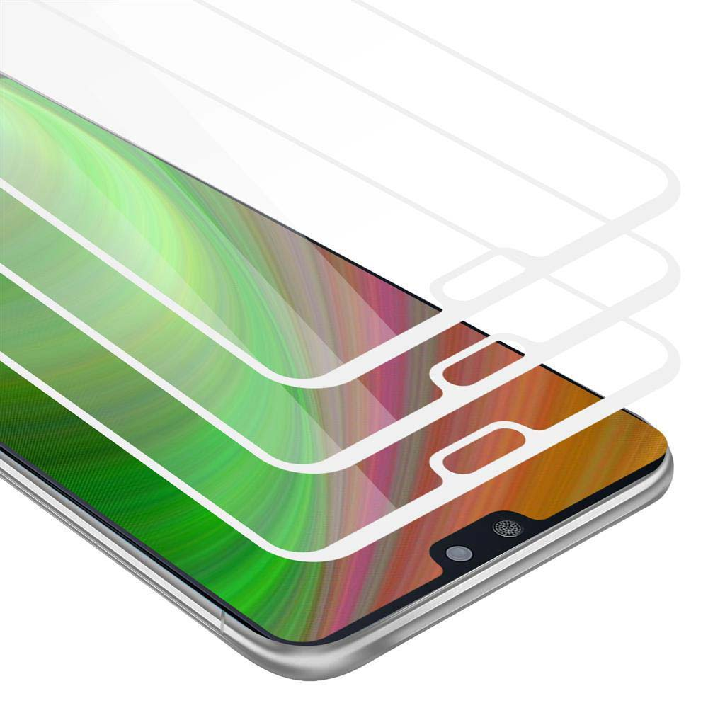 Schermo del telefono con tre protezioni schermo, che mostrano arte astratta colorata.