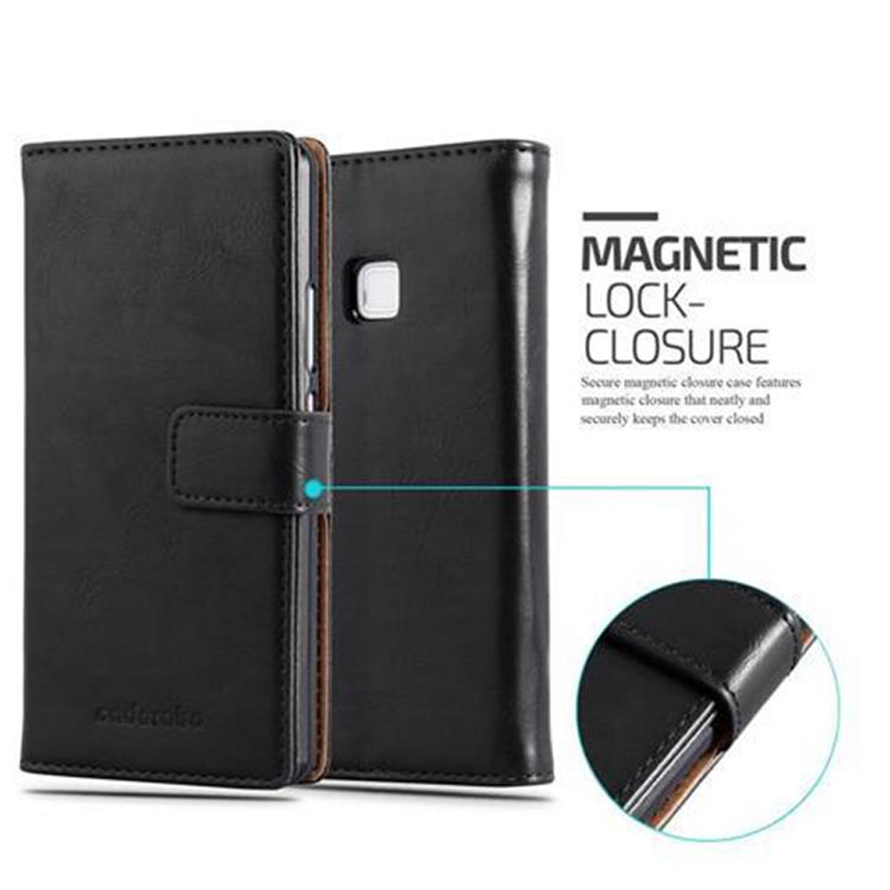 Funda de billetera para teléfono negro con cierre magnético. La funda está cerrada, con detalles visibles.