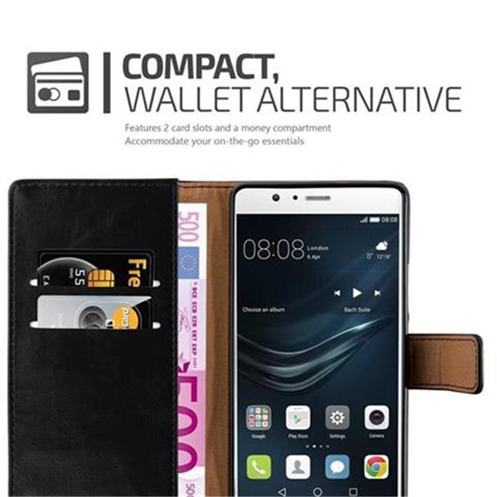 Teléfono dentro de una funda tipo cartera. Muestra 08:08, dos ranuras para tarjetas y billetes.