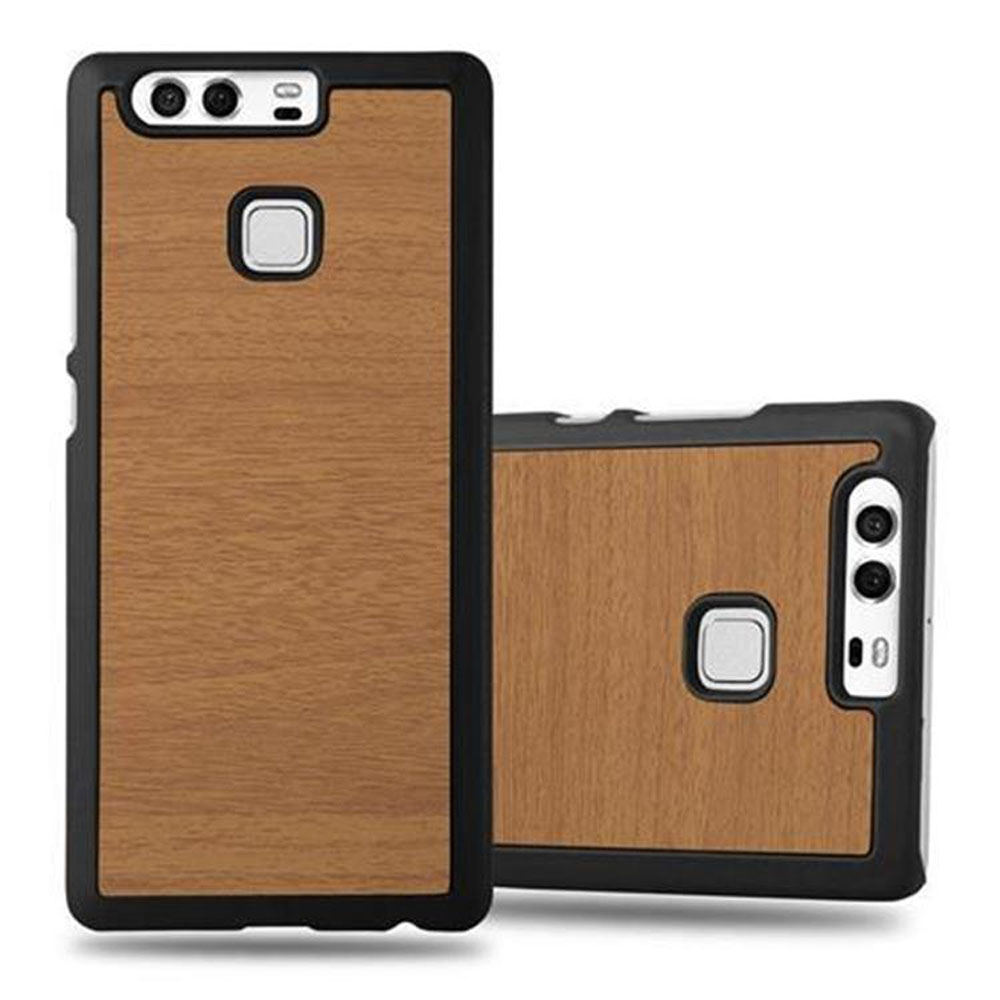 Dos fundas para teléfono. Una vertical con parte trasera de vetas de madera, borde negro. La otra está tumbada.