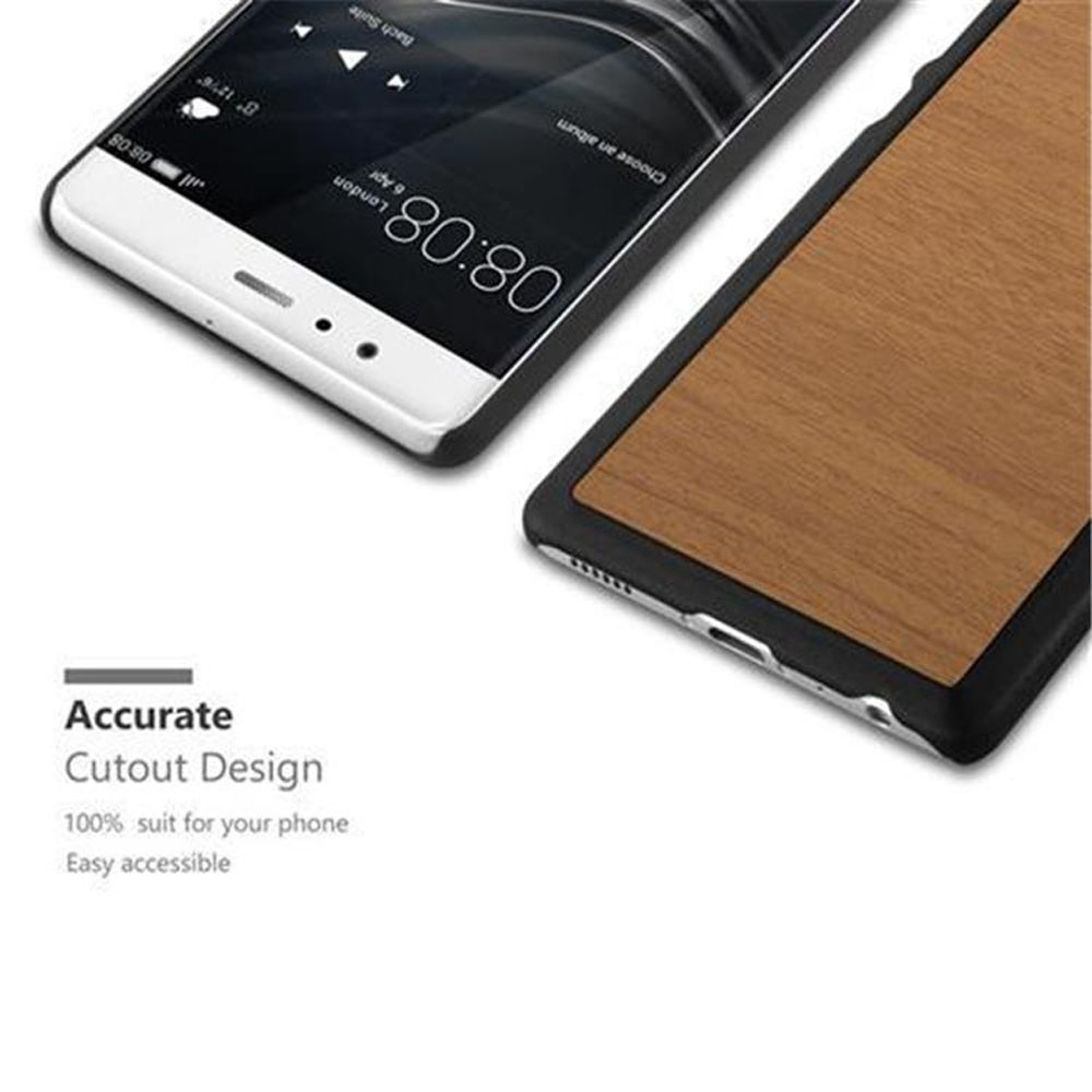 Un teléfono en una funda de madera se muestra sobre un fondo blanco. Texto: Diseño de corte preciso.