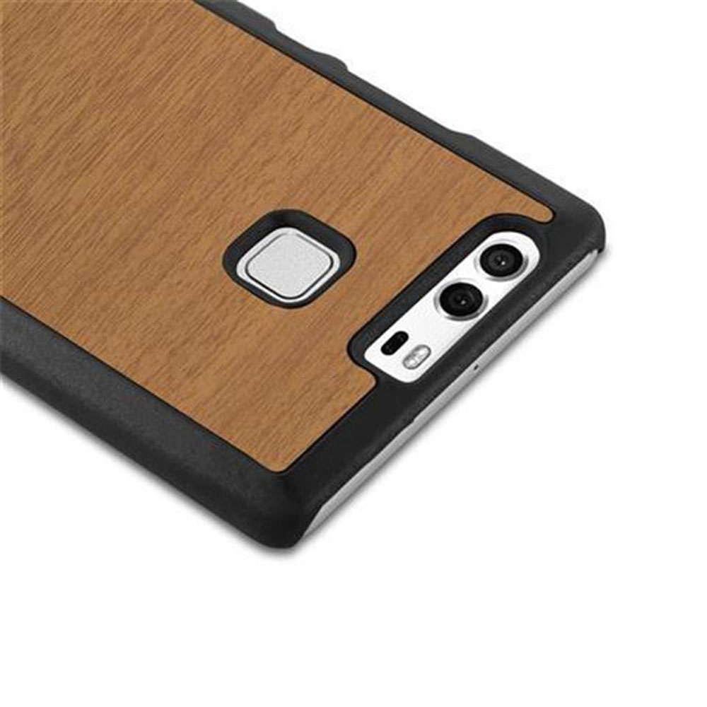 Una funda de teléfono con textura similar a la madera. La funda es negra y marrón.