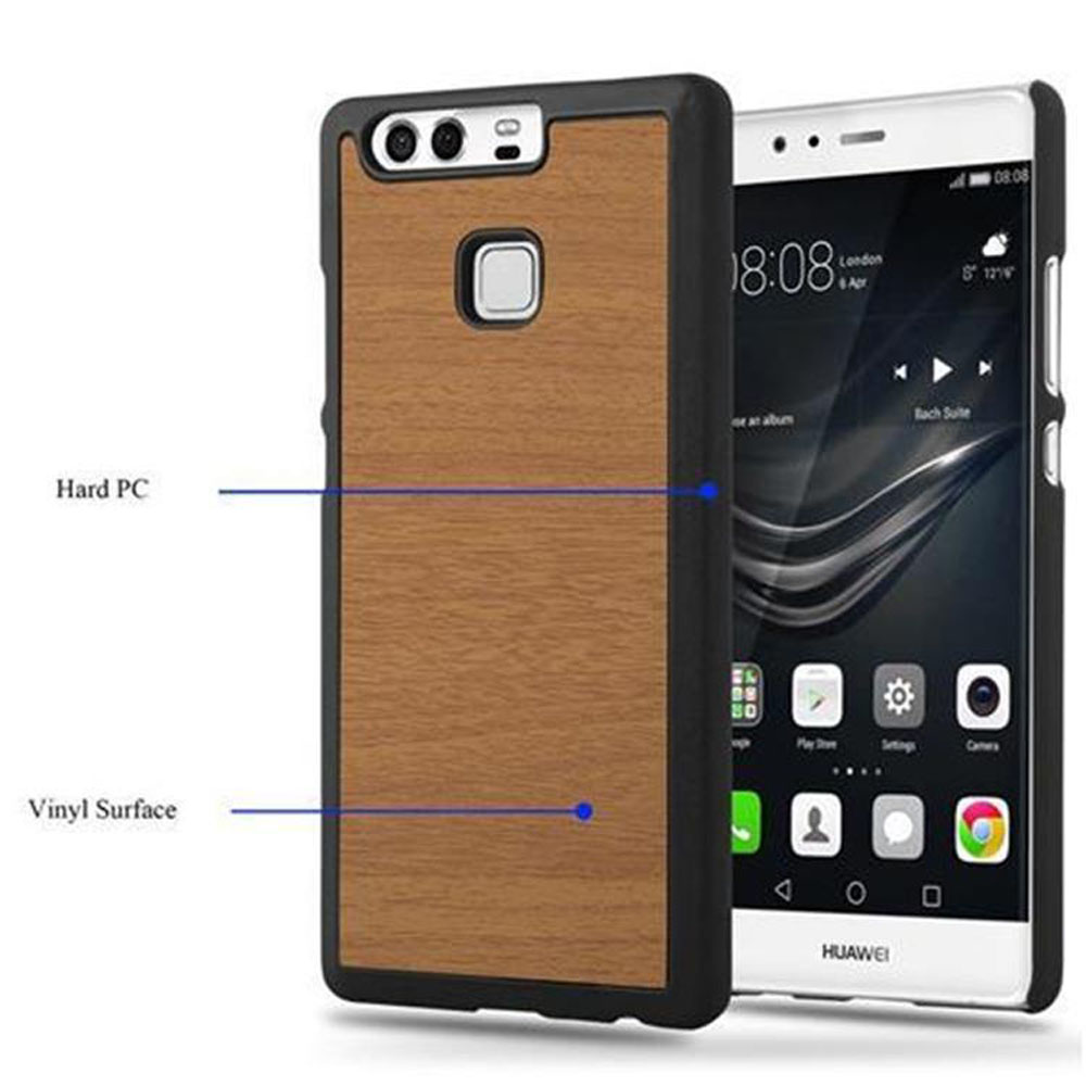 Funda de teléfono con vetas de madera en un teléfono, junto a la pantalla del teléfono. PC duro y superficie de vinilo están etiquetados.