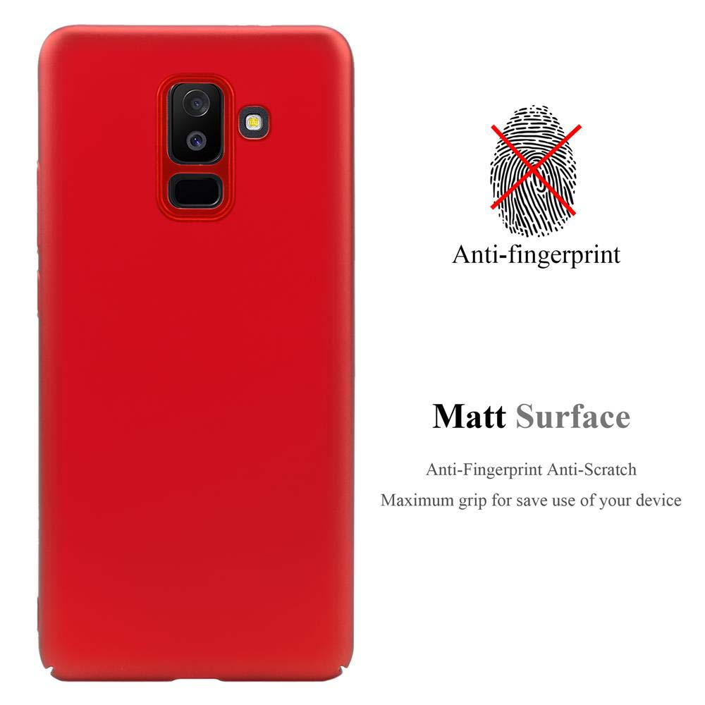 Eine rote Handyhülle. Text: 'Anti-Fingerprint' und 'Matt Surface'. Text darunter: 'Maximum grip'.