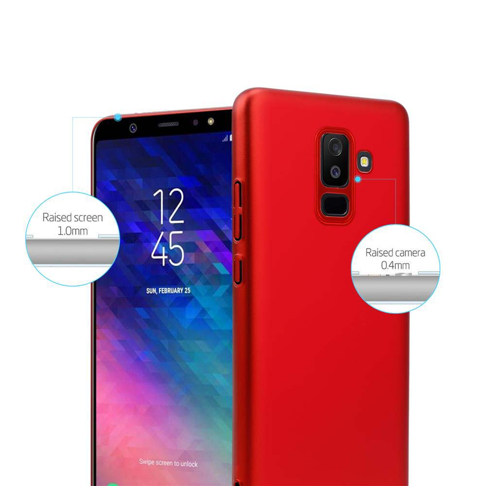 Rote Handyhülle und Telefon. Telefonbildschirm und Kamera sichtbar. Textanmerkungen.