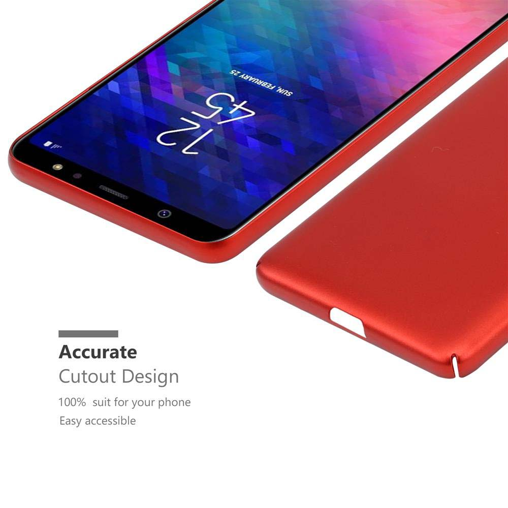 Rote Handyhülle mit Telefon im Inneren, Aussparungsdesign. Der Bildschirm des Telefons ist sichtbar.