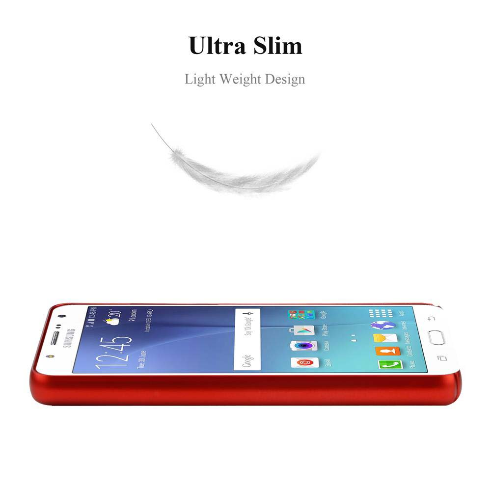 Rotes Telefon in roter Hülle. Weißer Feder darüber. Text: Ultra Slim, Light Weight Design.