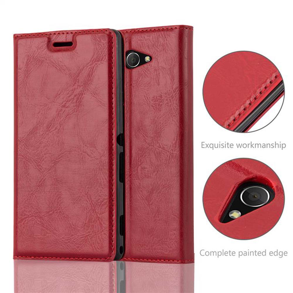 Custodia per telefono in pelle rossa, aperta, che mostra il telefono all'interno. Primi piani mostrano cuciture e bordi.