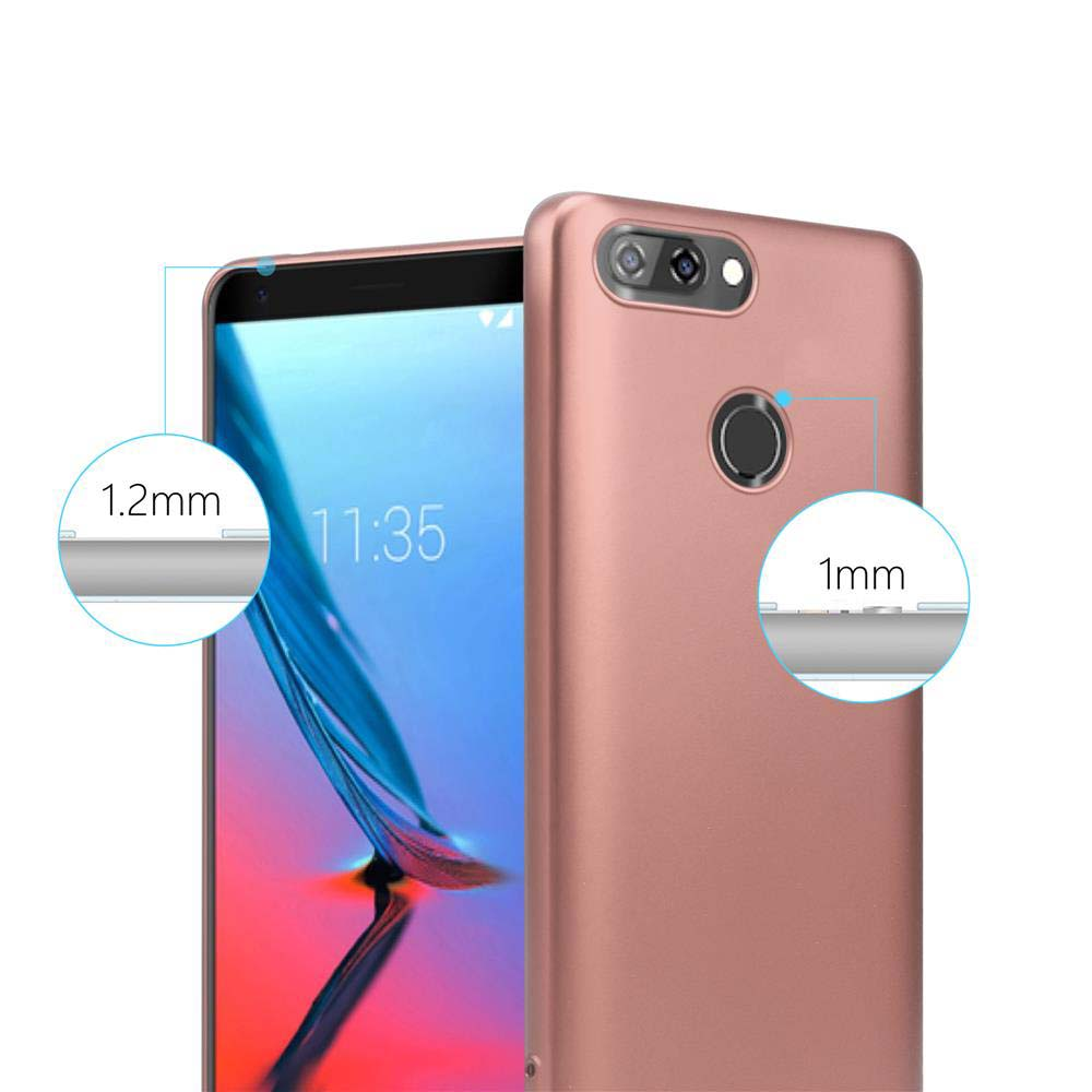 Roségoldene Handyhülle neben einem Telefon. Die Hülle hat eine Dicke von 1 mm, das Telefon 1,2 mm.