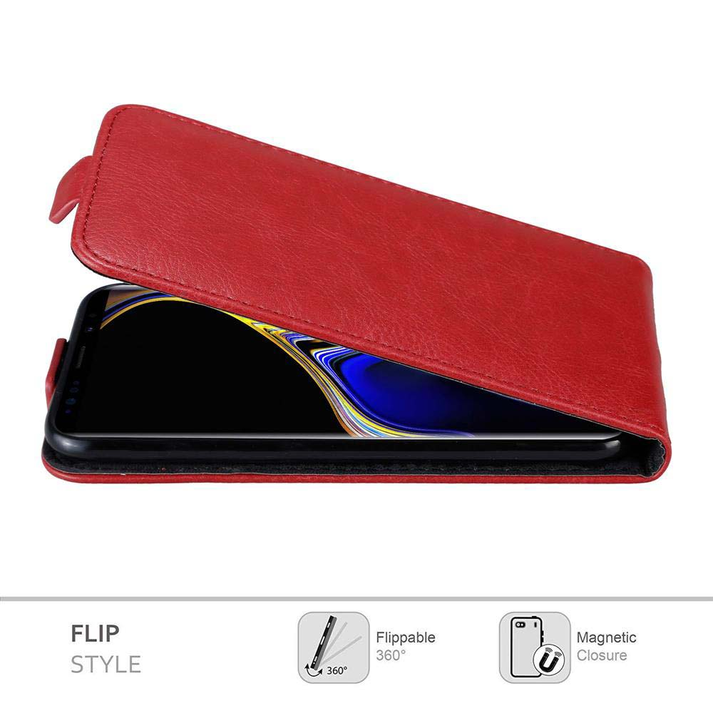 Custodia a libro rossa, aperta per mostrare il telefono all'interno. Chiusura magnetica e design ribaltabile a 360 gradi.