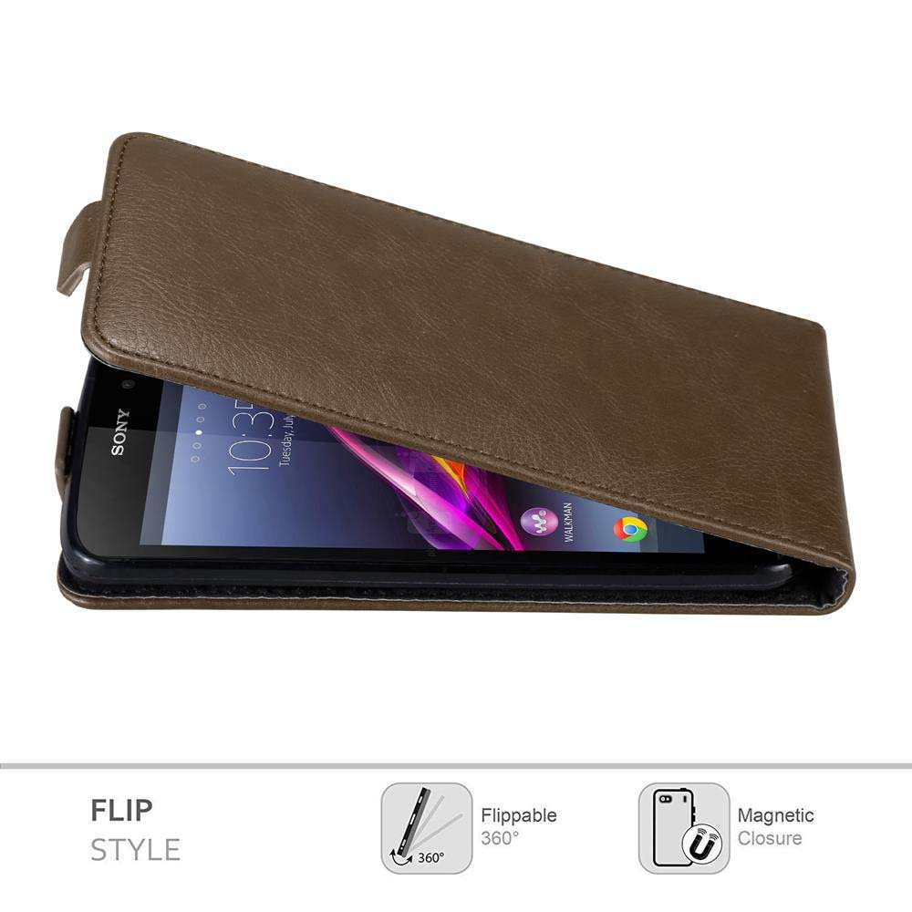 Geöffnete braune Leder-Flip-Handyhülle. Ein Sony-Telefon ist darin, zeigt die Uhrzeit, mit Flip-Style-Symbolen unten.