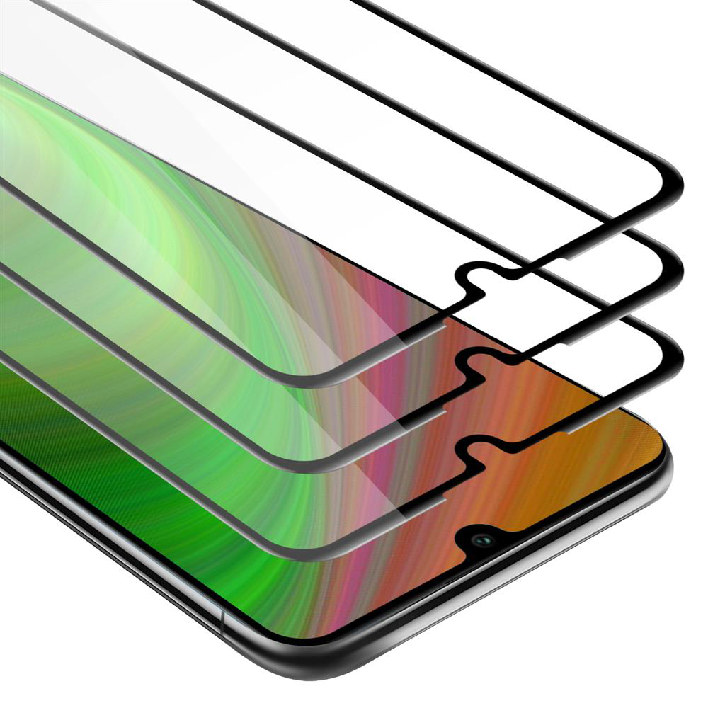 Tre protezioni schermo trasparenti sovrapposte a un telefono con display colorato, su sfondo bianco.