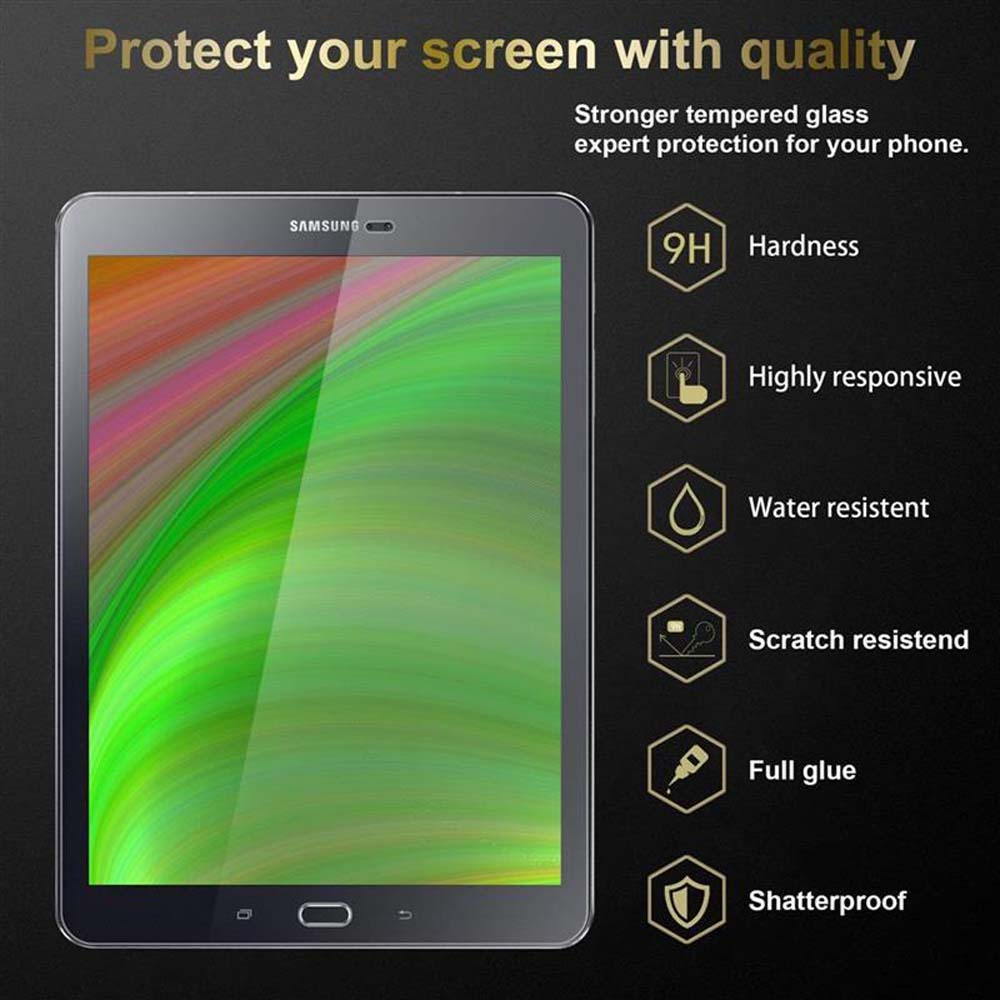 Tablet nero con schermo verde, circondato da testo e icone relative alla protezione dello schermo.