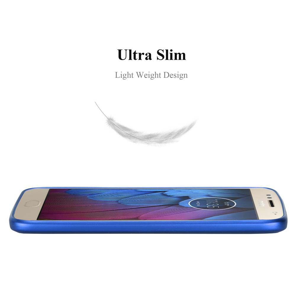 Telefono blu con piuma bianca su sfondo bianco. Testo: Ultra Slim, Light Weight Design.