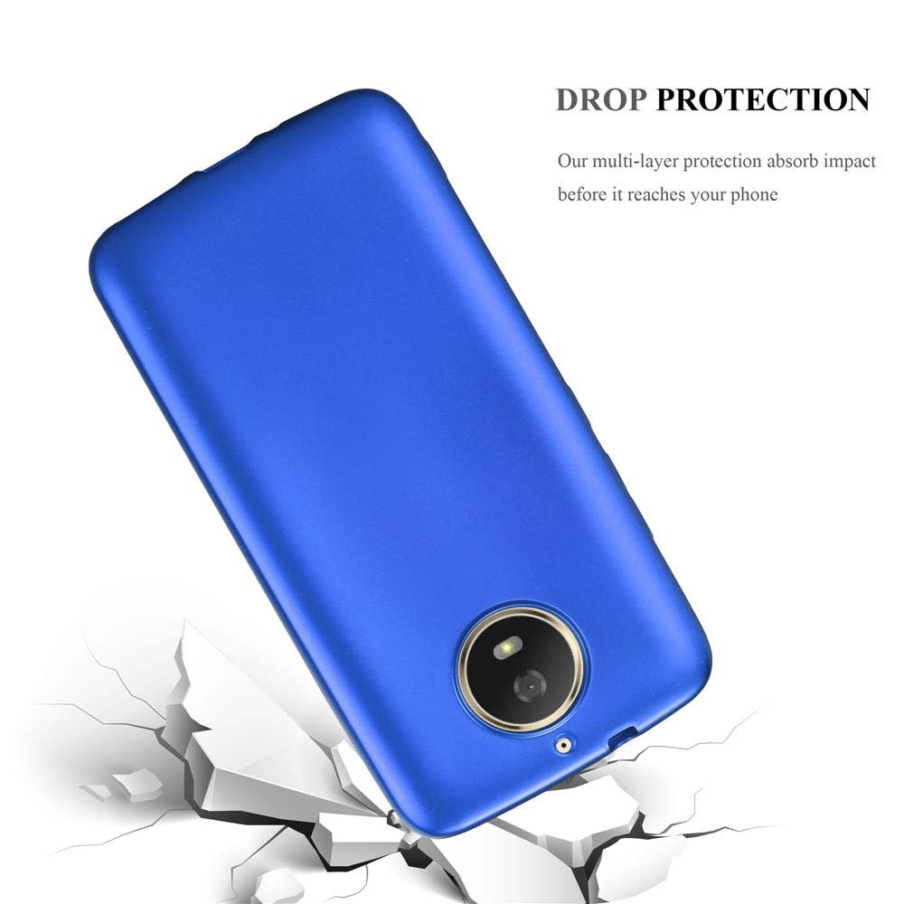 Custodia blu per telefono che cade su cemento rotto. Protezione anticaduta scritto.