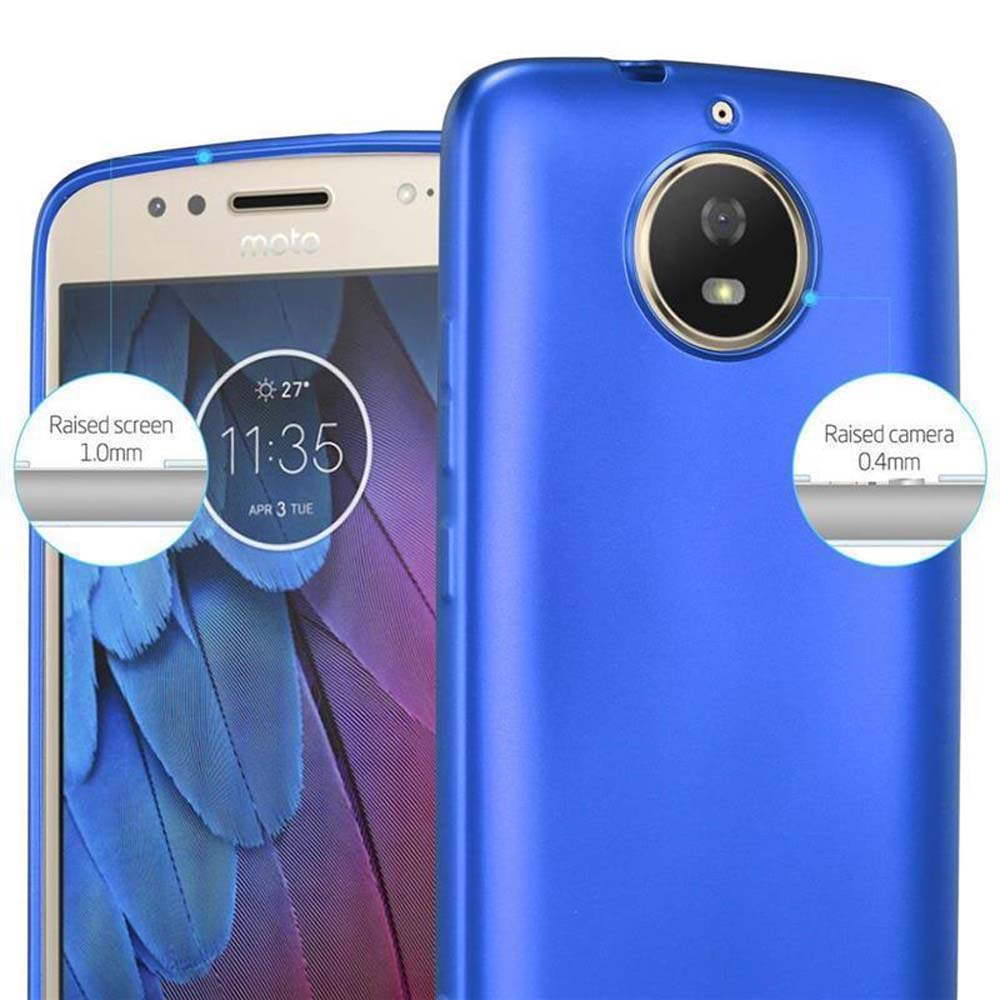 Telefono con custodia blu. Testo: Schermo rialzato 1,0 mm, Fotocamera rialzata 0,4 mm. Lo schermo mostra un orologio.