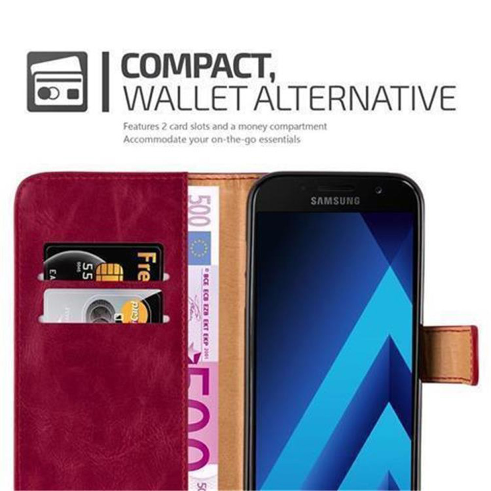 Eine rote Leder-Handyhülle mit Geldbörsen-Design, die Karten, Bargeld und ein schwarzes Telefon enthält.