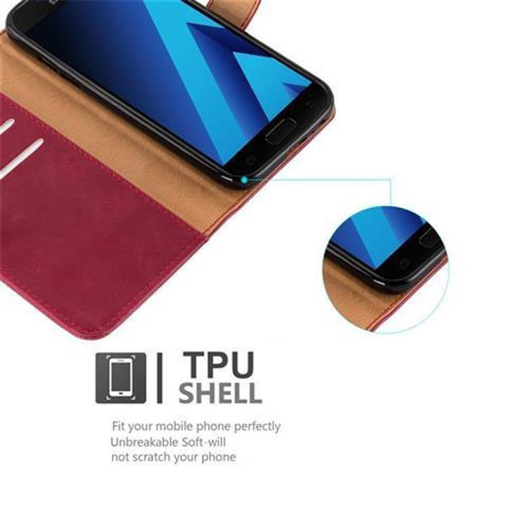 Rote Handyhülle mit Telefon, und Nahaufnahme des Telefons.