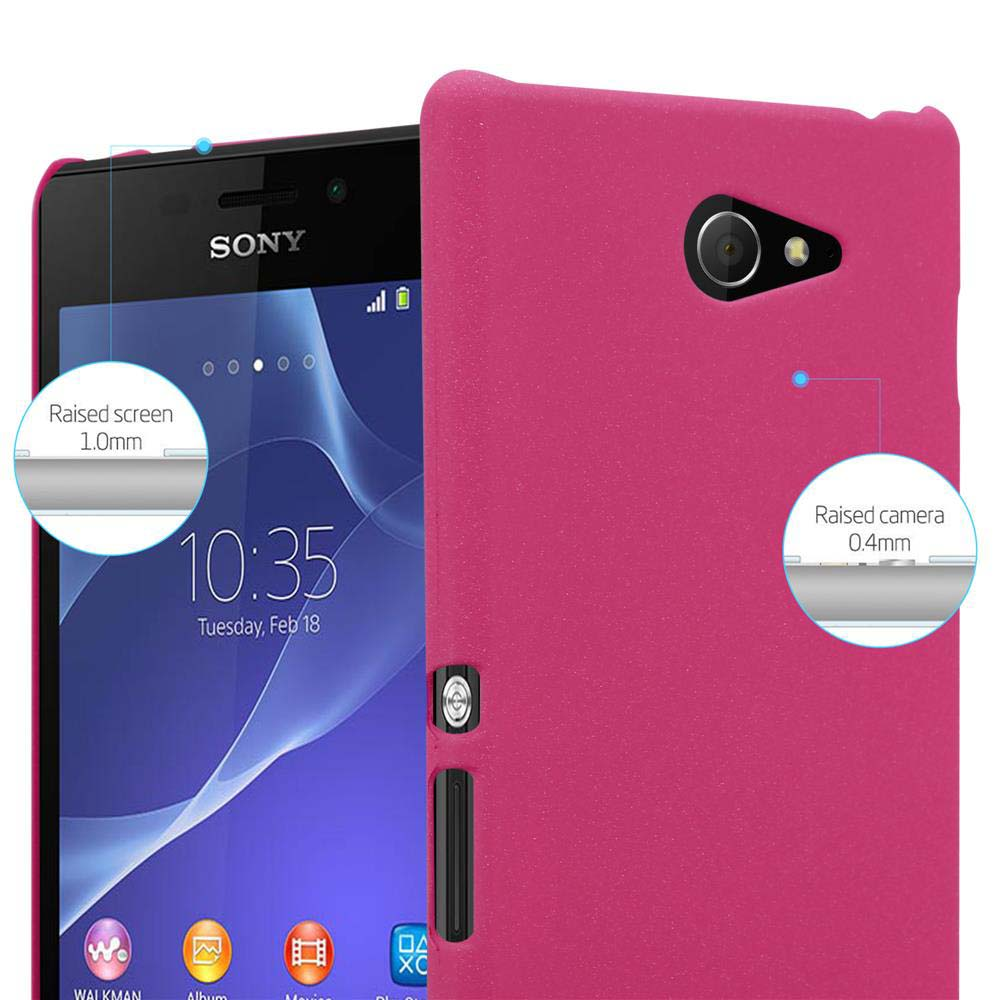 Rosa Handyhülle mit einem Telefon. Text erwähnt erhöhten Bildschirm und erhöhte Kamera.