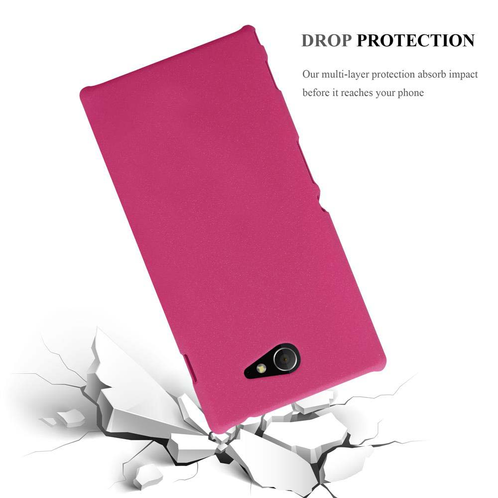 Eine pinkfarbene Handyhülle, die auf einer zerbrochenen weißen Oberfläche geneigt ist. Der Text oben lautet DROP PROTECTION.
