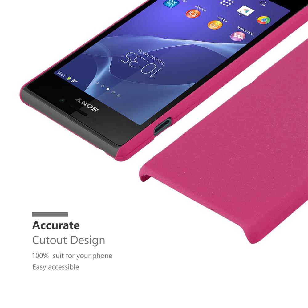 Ein rosa Telefon mit rosa Hülle. Das Telefon ist angewinkelt. Text lautet: Präzises Ausschnittdesign.