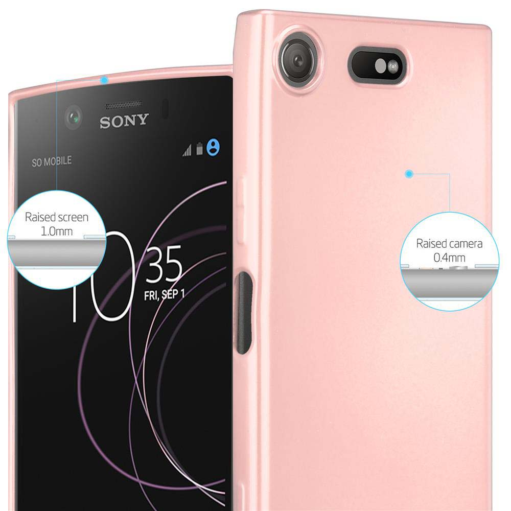Un telefono e una custodia rosa con bordi dello schermo e della fotocamera rialzati evidenziati. Logo Sony visibile.