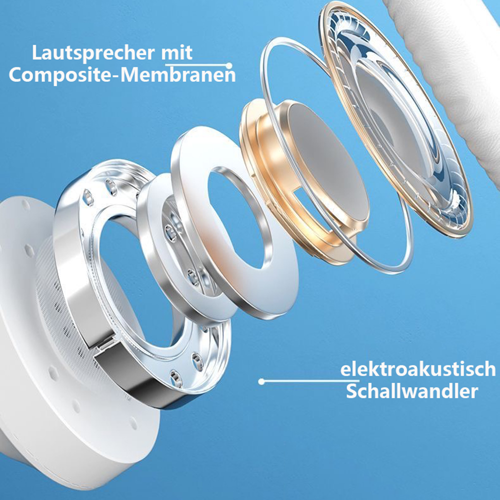 Kopfhörer-Komponenten, Explosionsansicht, Silber und Gold, blauer Hintergrund.