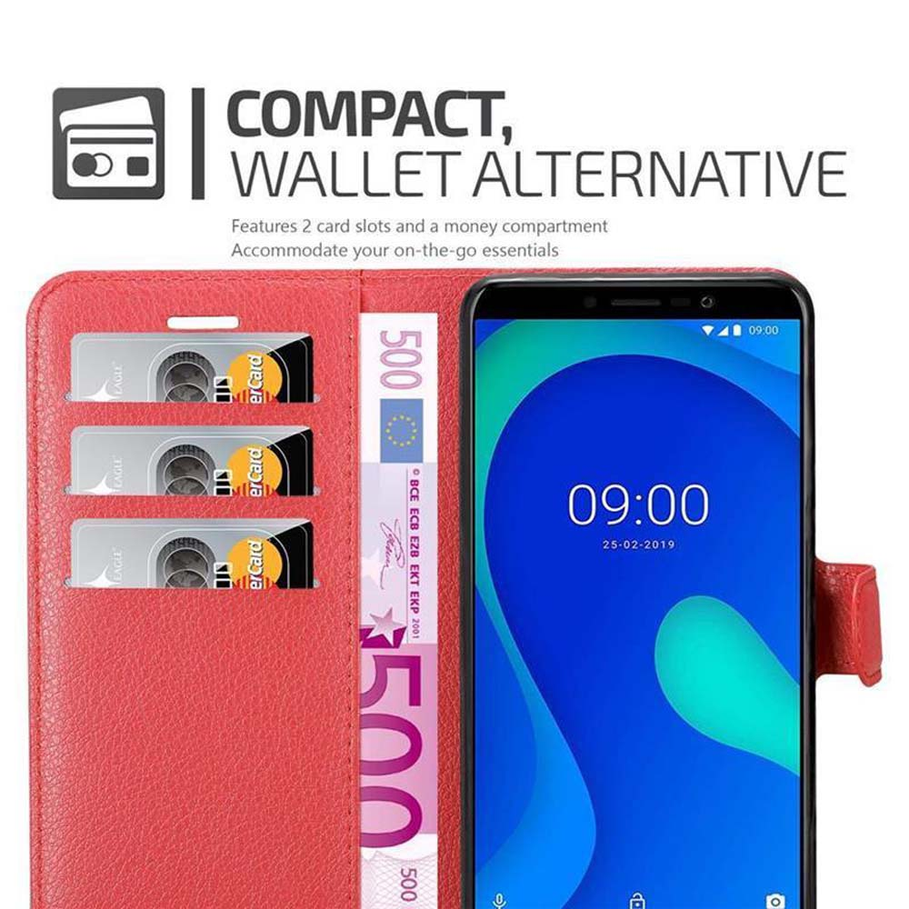 Custodia rossa per telefono con scomparti per carte, vano per denaro e telefono che mostra ora e data.