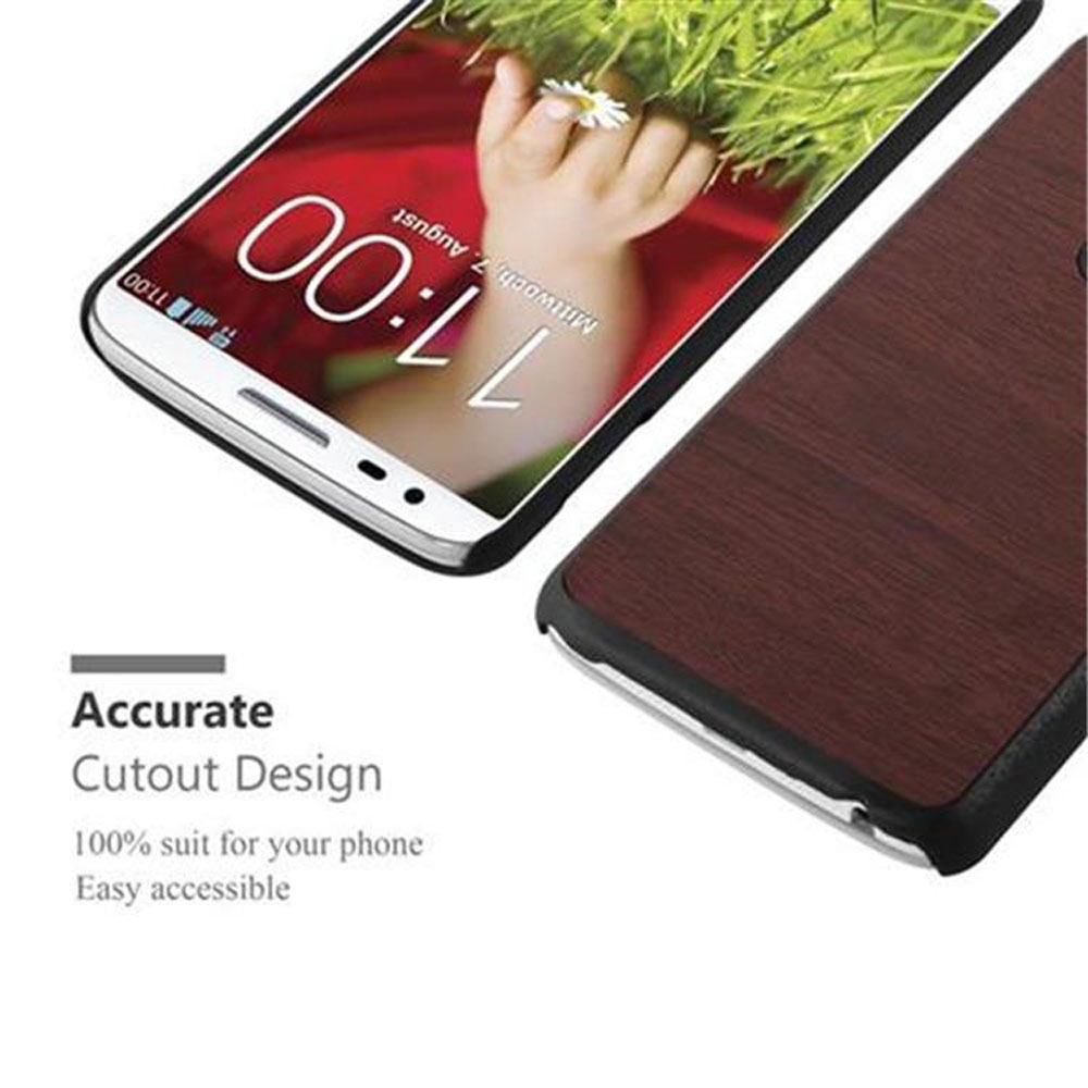 Custodia per telefono con texture in legno, telefono che mostra le 17:00. Testo: Design preciso e facile accesso.