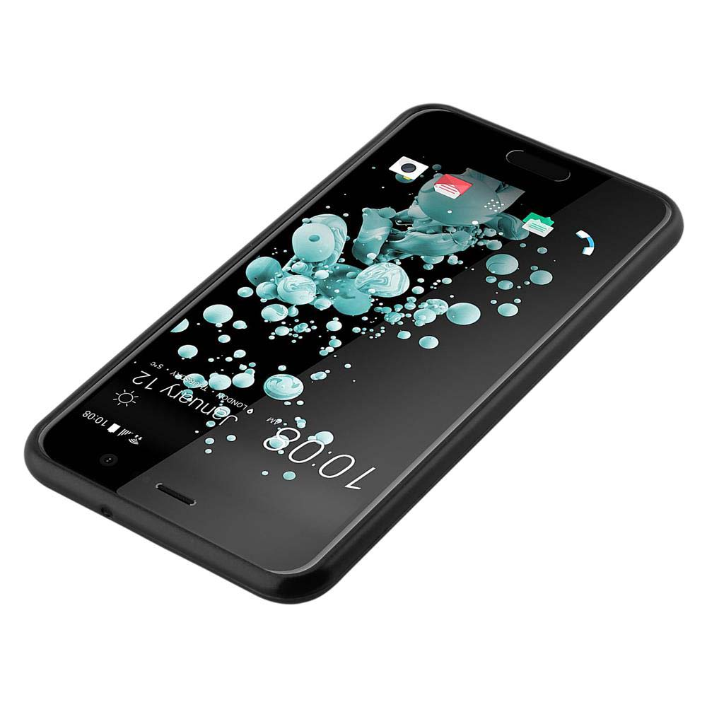 Schwarzes Telefon auf Oberfläche, zeigt App-Symbole.