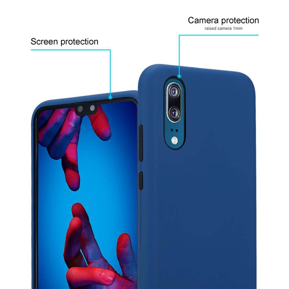 Una custodia per telefono blu con protezione per fotocamera e schermo. Un telefono è visibile all'interno della custodia.