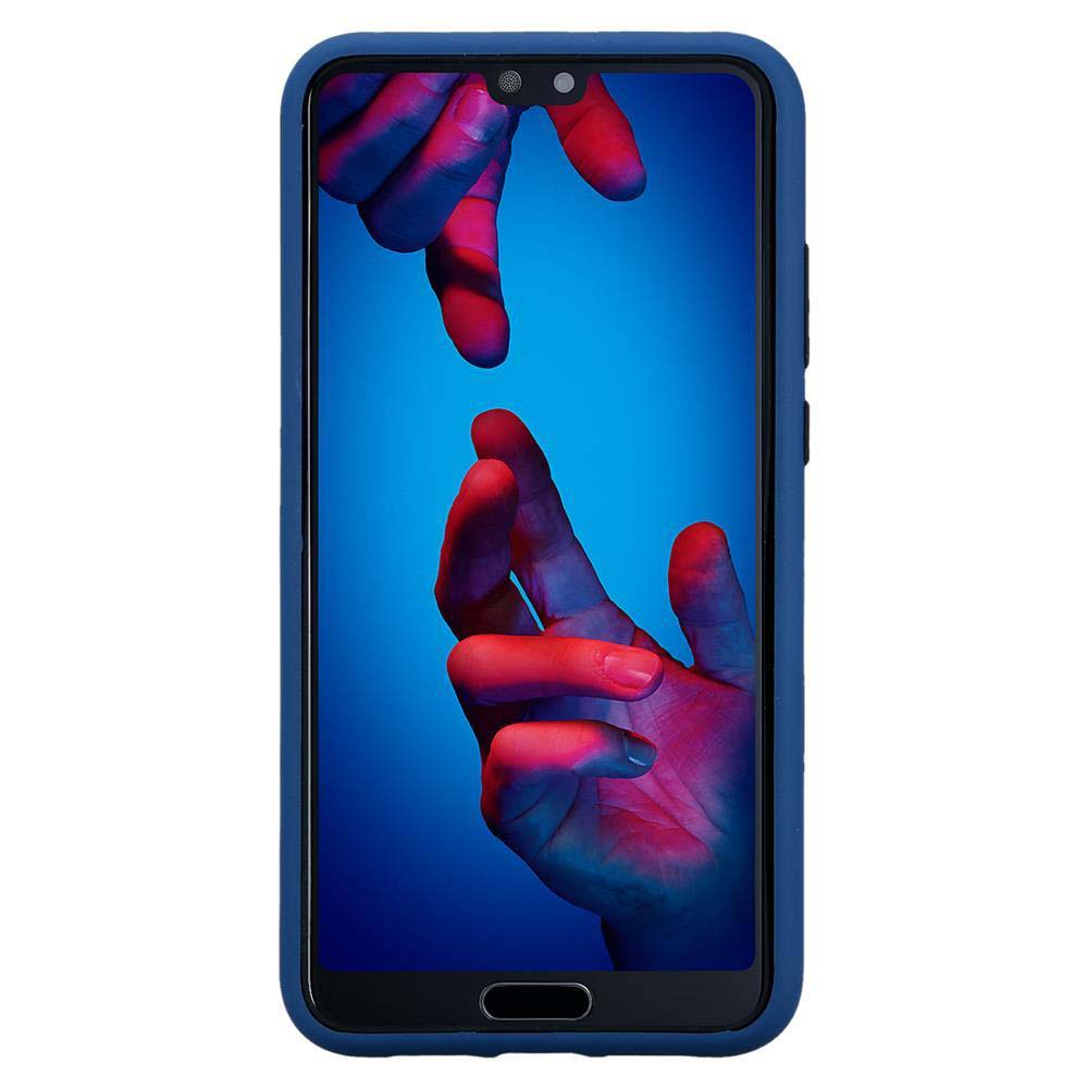 Una custodia blu per telefono. Due mani si tendono l'una verso l'altra, con luce blu e rossa.