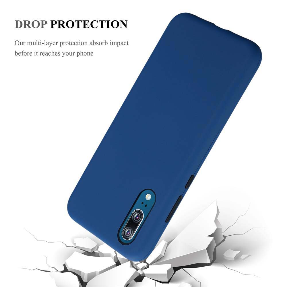 Custodia blu per telefono, angolata, su sfondo bianco. Testo: 'Drop Protection'. Pezzi bianchi rotti sotto.