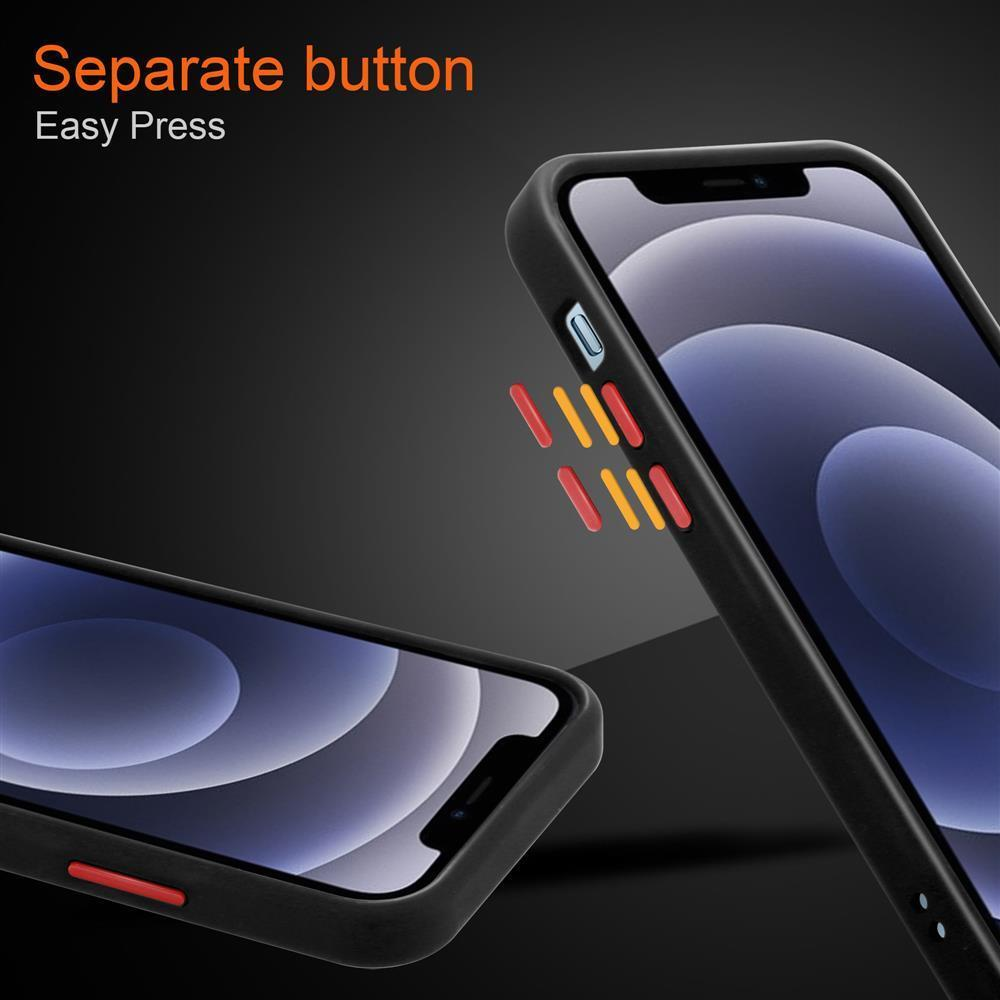 Due telefoni con custodie, uno mostra i pulsanti. Testo: Pulsante separato, Easy Press.