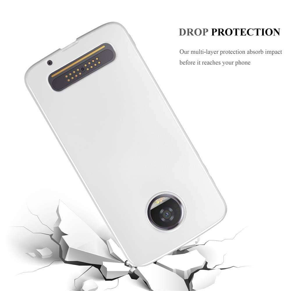 Funda de teléfono blanca con teléfono. La funda está sobre una superficie agrietada.