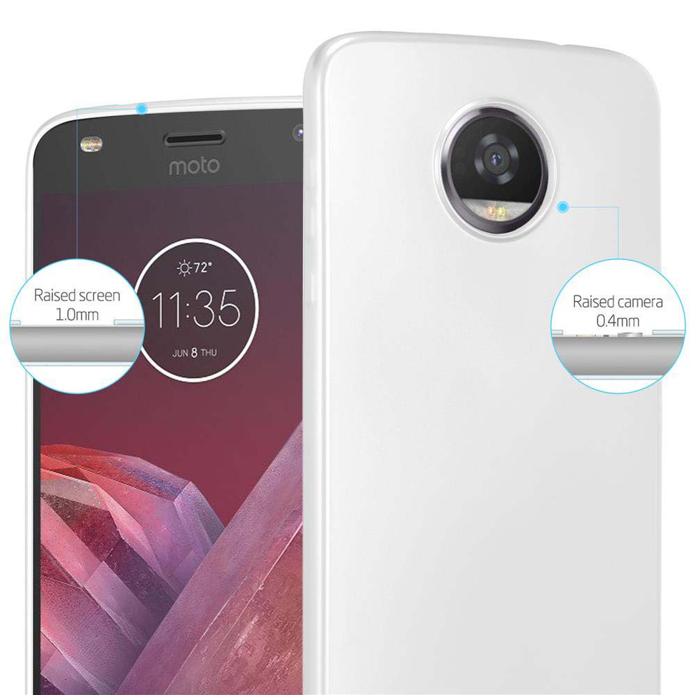 Funda blanca para teléfono sobre un fondo blanco. Primeros planos muestran bordes elevados de pantalla y cámara y medidas.