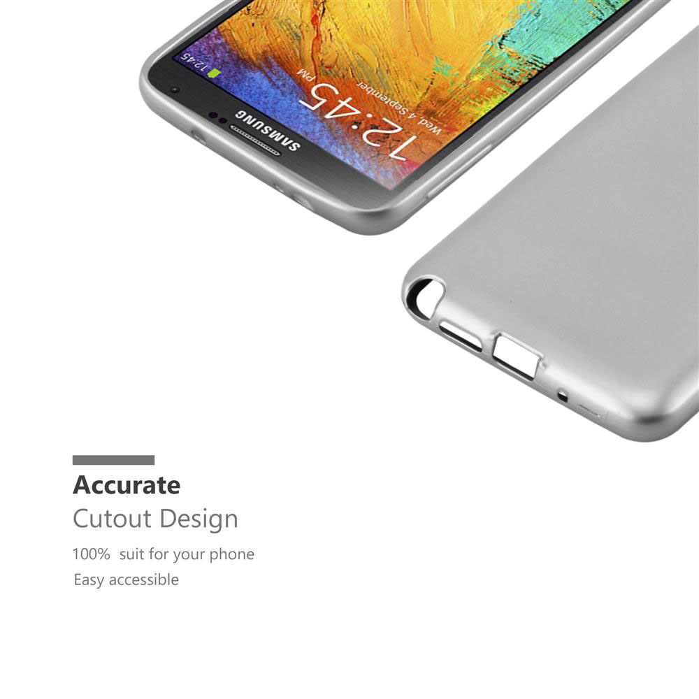 Ein Telefon mit silbernem Gehäuse wird angezeigt, mit dem Text 'Accurate Cutout Design'.