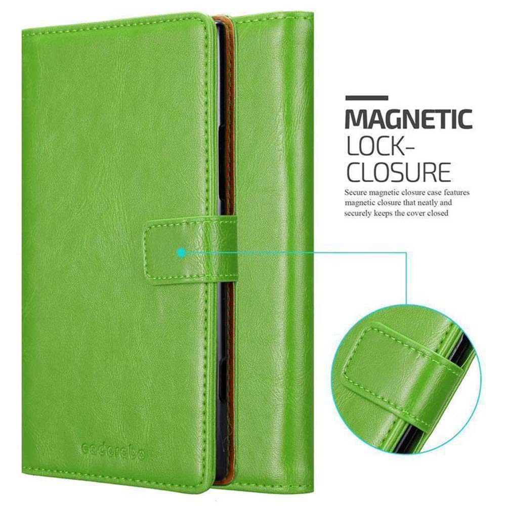 Custodia verde, aperta, con chiusura magnetica. Testo: Chiusura magnetica.