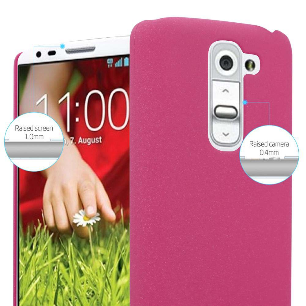 Custodia per telefono rosa con telefono all'interno e testo che indica la protezione dello schermo e della fotocamera rialzata.