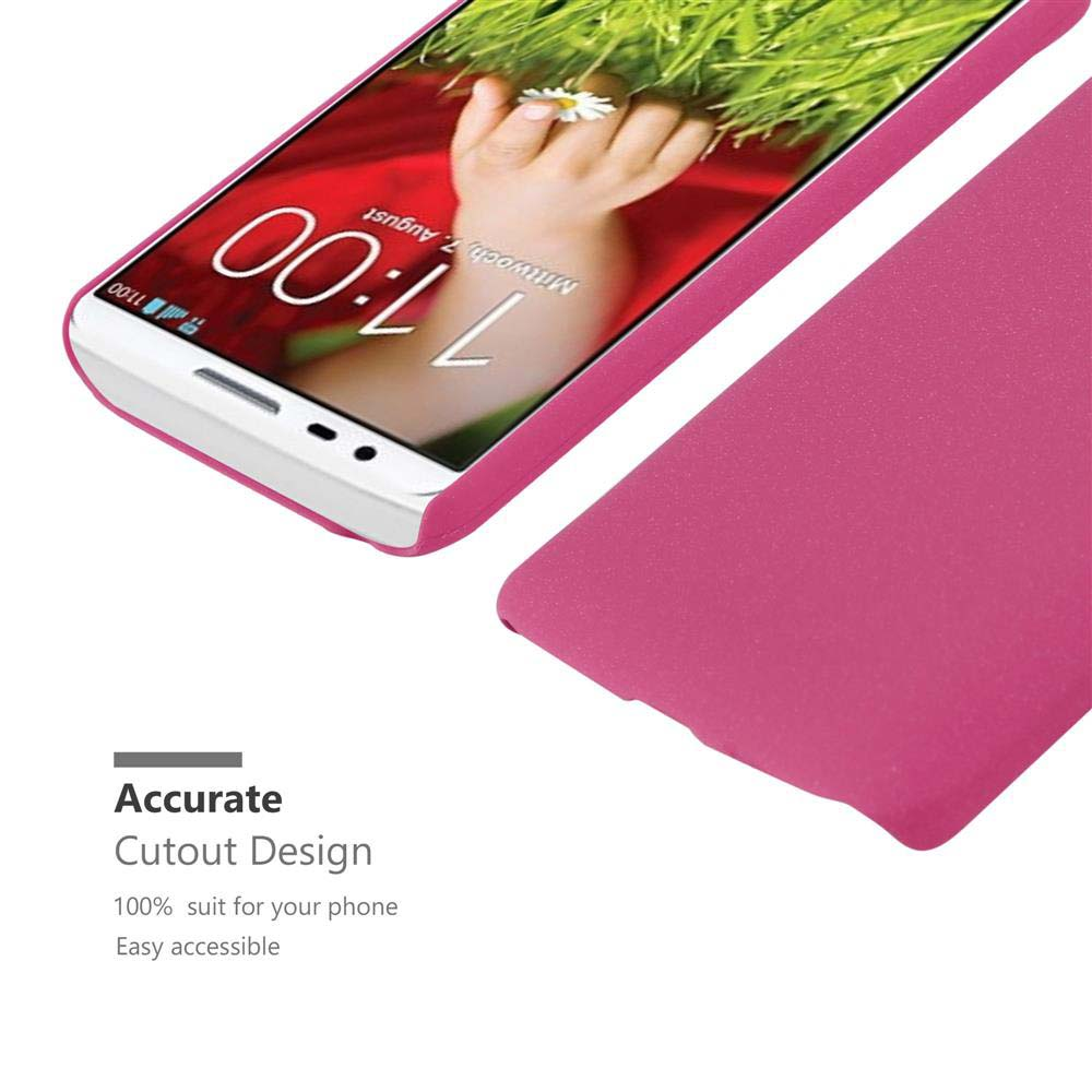 Una custodia rosa per telefono. Lo schermo del telefono è visibile. Il testo viene visualizzato sotto il telefono. Sfondo bianco.