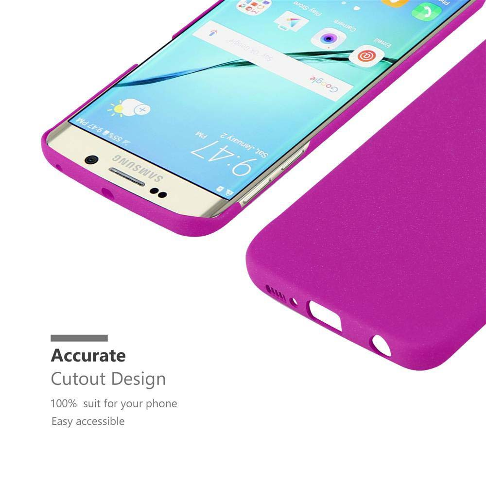 Telefono viola con custodia. Il telefono mostra l'ora. Il testo dice: design di taglio preciso.