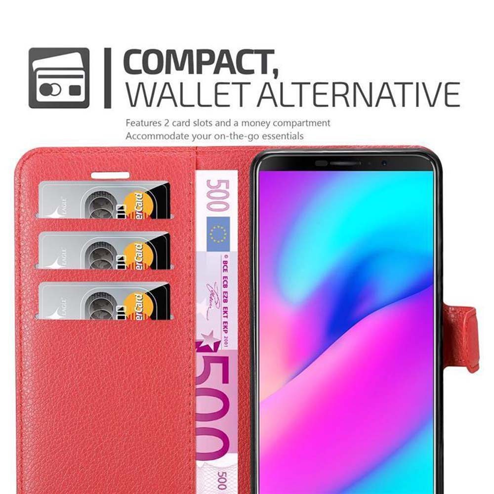 Custodia rossa per telefono con carte e denaro. Testo: Compatto, Alternativa al portafoglio.