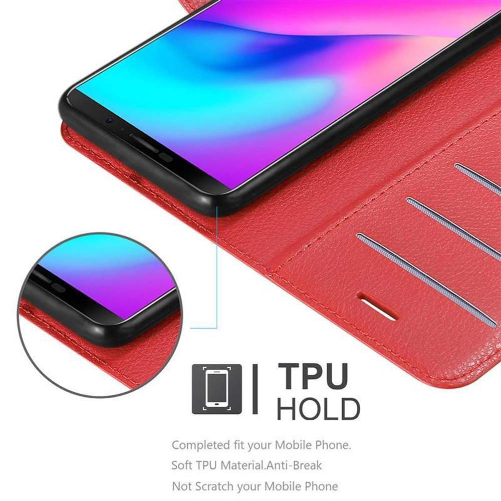 Una custodia rossa per telefono che protegge un telefono, con testo sulla tenuta TPU.